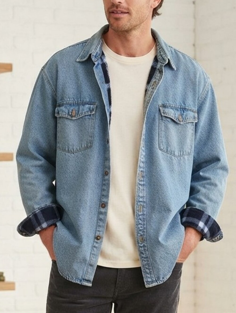 Shaver Lake Vintage Men’s Denim Jacket Fleece Lined Blue Plaid Size XXL